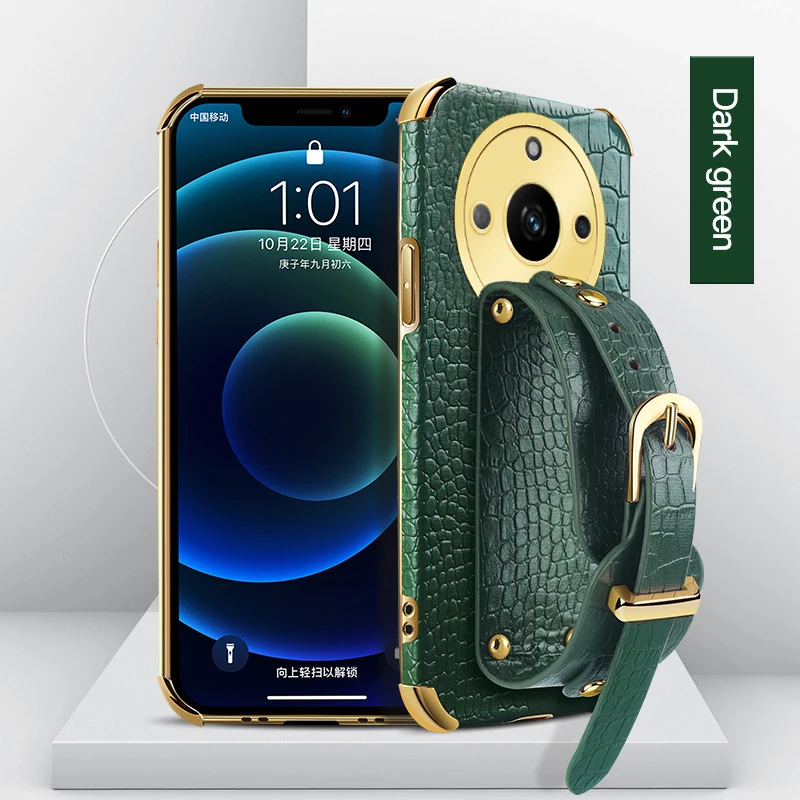 

Чехол для телефона из искусственной кожи с текстурой крокодила для Realme Narzo N53 70X60 Pro 5G N55, держатель с ремешком на запястье, мягкий чехол