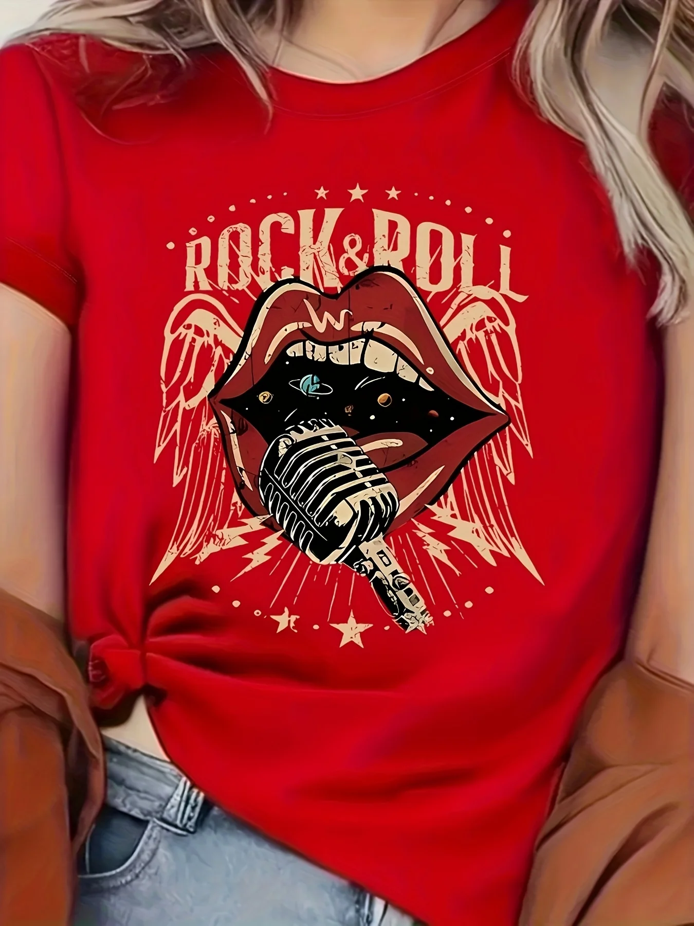 Women'S Vintage Rock  Roll Microphone Mouth Graphic Tee - Casual Crew Neck Short Sleeve T-Shirt Summer Fashion Allseason Top