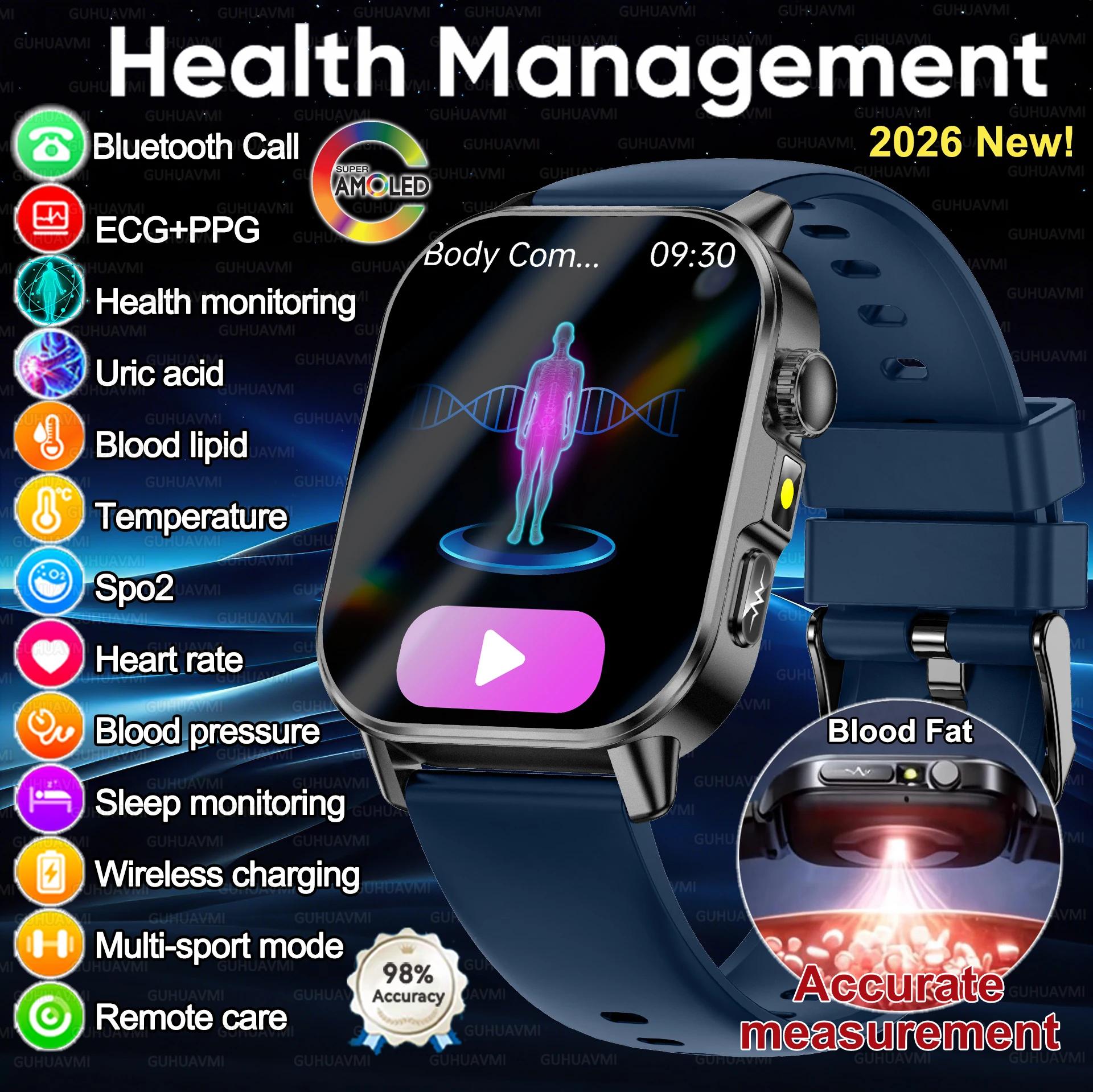 

2026 New Health Smart Watch Precise Measurement ECG+PPG Blood Pressure Uric Acid Body Fat Analysis call SmartWatch For Men Women