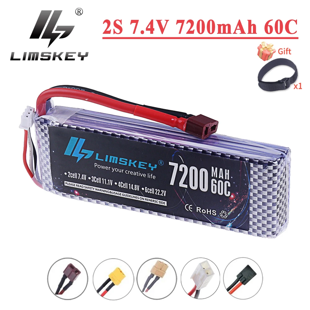 7200MAH Battery 7.4V 2S LiPo Battery XT60 XT90 Plug For RC Drone Car Airplane Helicopter High Power Toy Accessories 60C