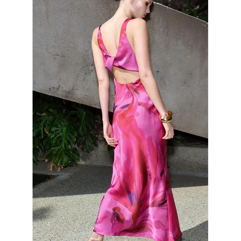 Spring Summer Women's Wide oulder Strap Twist Design Print V-ne Silk Satin Feel Midi Dr Ele High Waist Long Skirt