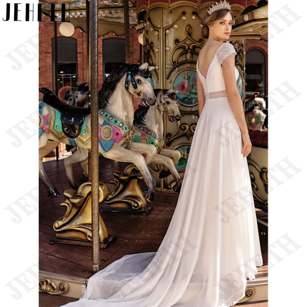 JEHETH Cap Sleeves Chiffon Bridal Dresses Sleeveless Lace Wedding Gowns Backless Back Buttons vestido de noiva casamento 2024