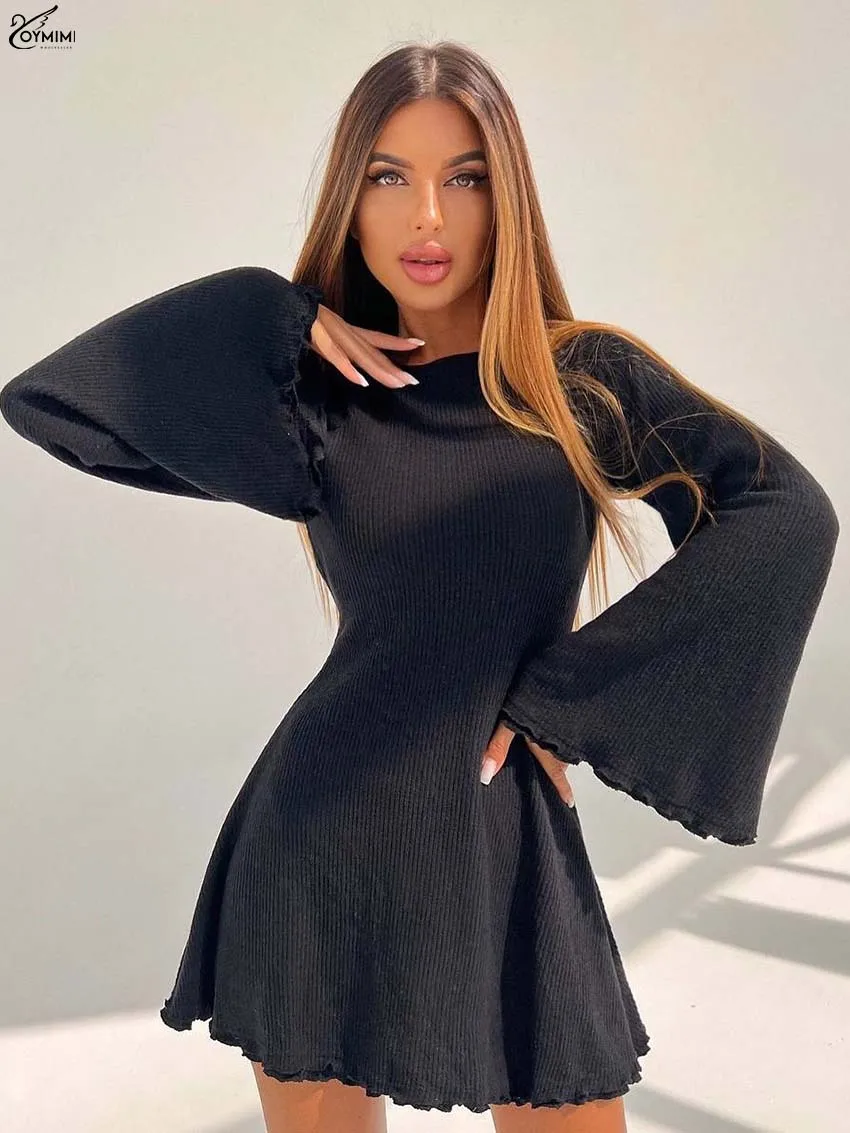 

Oymimi Elegant Black Simple Dresses For Woman Casual O-Neck Long Sleeve Solid Dresses Fashion New Open Back Lace-Up Mini Dress