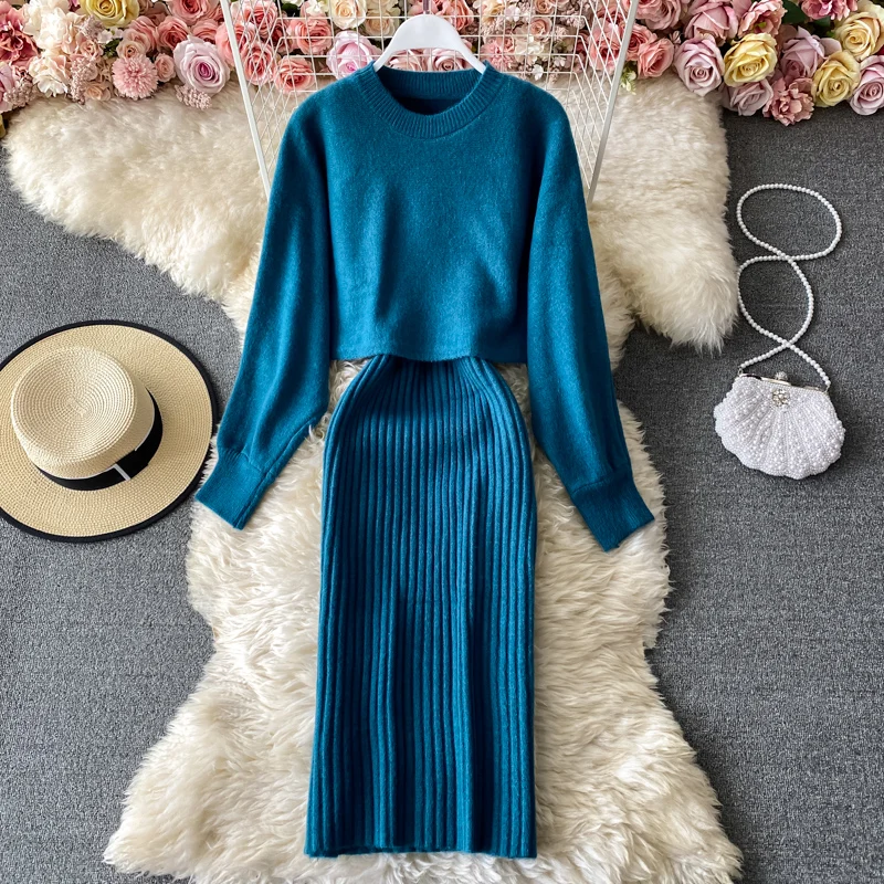 Autumn Winter Knit Two Piece Set for Women Matching Sets Long Sleeves Sweaters Two Piece Dress 2022 Knitted Suit Korean Outfit