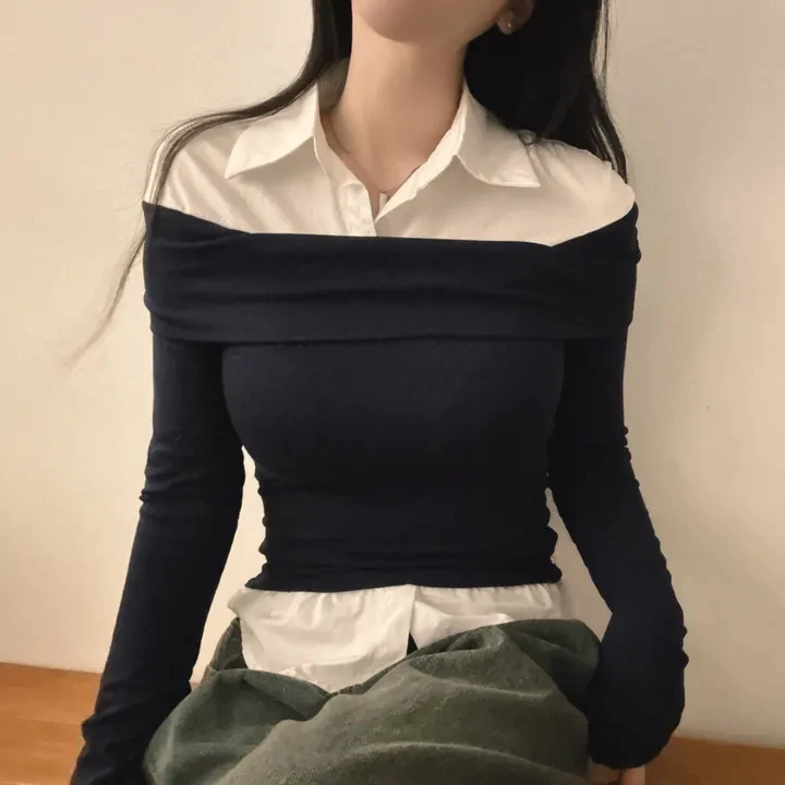 Faionable One-oulder Splice irt Korean Sle Spring Autumn Winter Women's Inner Wear Casual Regular Fit Street Sle