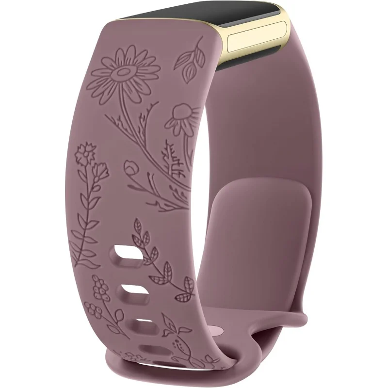 Meliya Flower Engraved Band Compatible with Fitbit Charge 6 Bands/Fitbit Charge 5 Bands Women Men, Soft Silicone Adjustable Wate