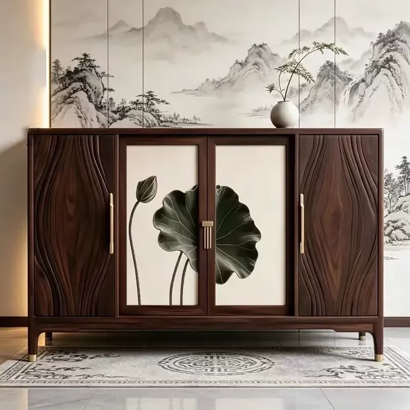 New Chinese Style Black Walnut Dining Side Cabinet Entrance Storage Cabinet Lotus Leaf Zen Creative Design Multi Functional