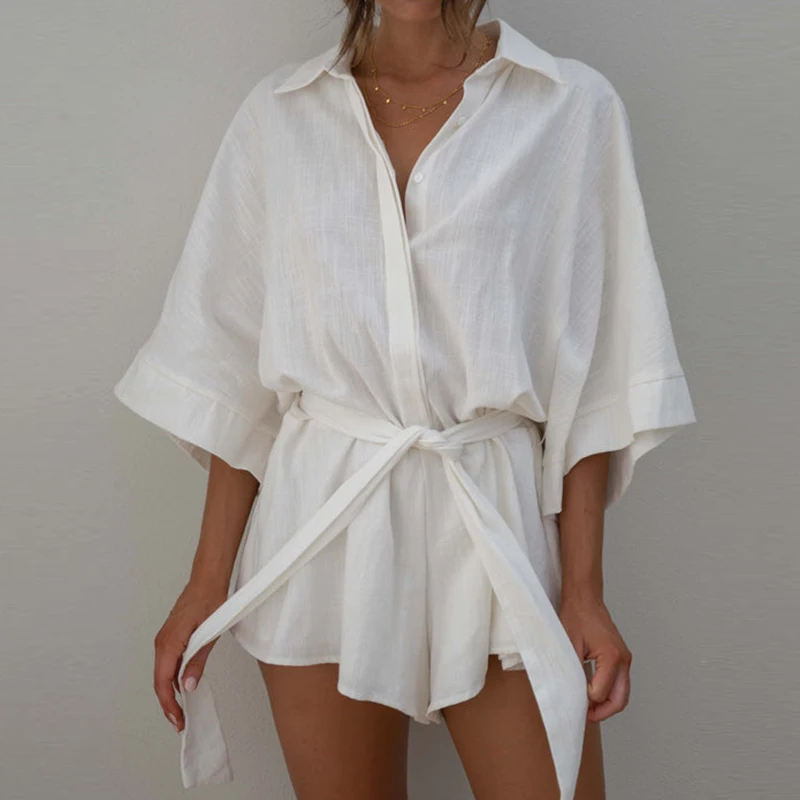 Summer Shorts Sleeves Button Down Romper Jumpsuits Women Baggy Playsuit Lapel Neck Tie Up Loose Fit Overalls Lounge Outfits