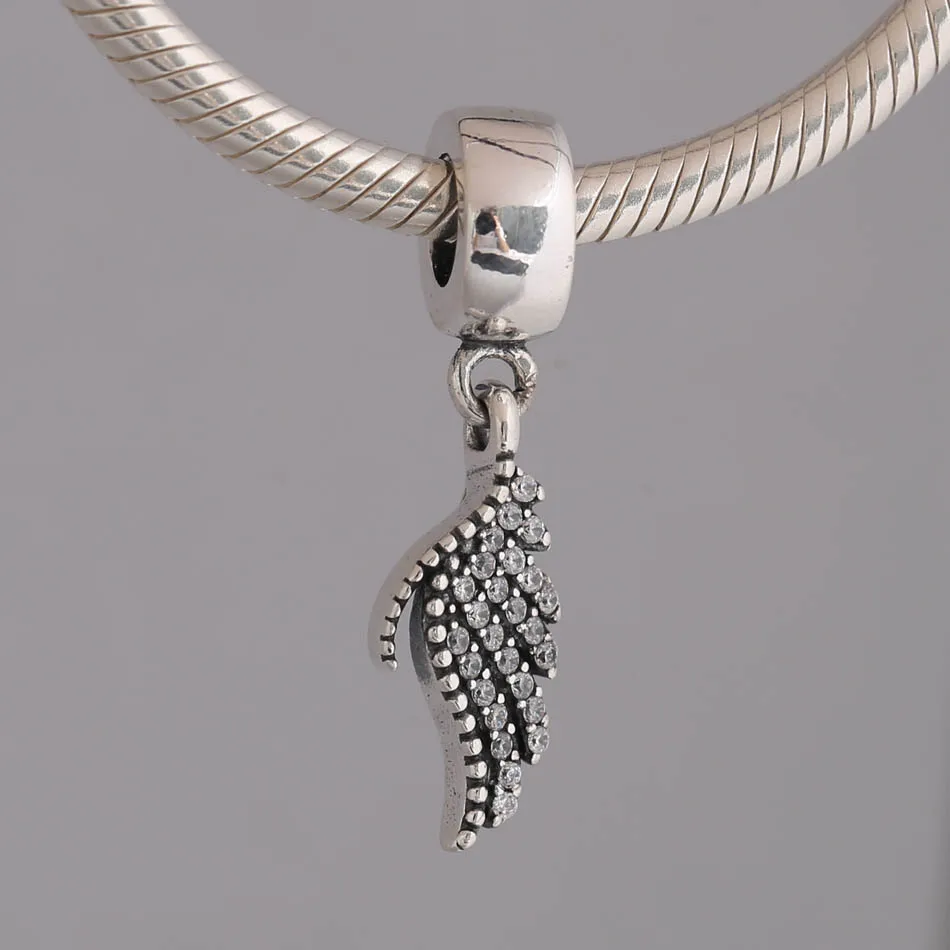 Silver Plated Pendant Bead DIY Jewelry Majestic Feather Dangle Charm for Women Bracelets Girl Gift Clear CZ
