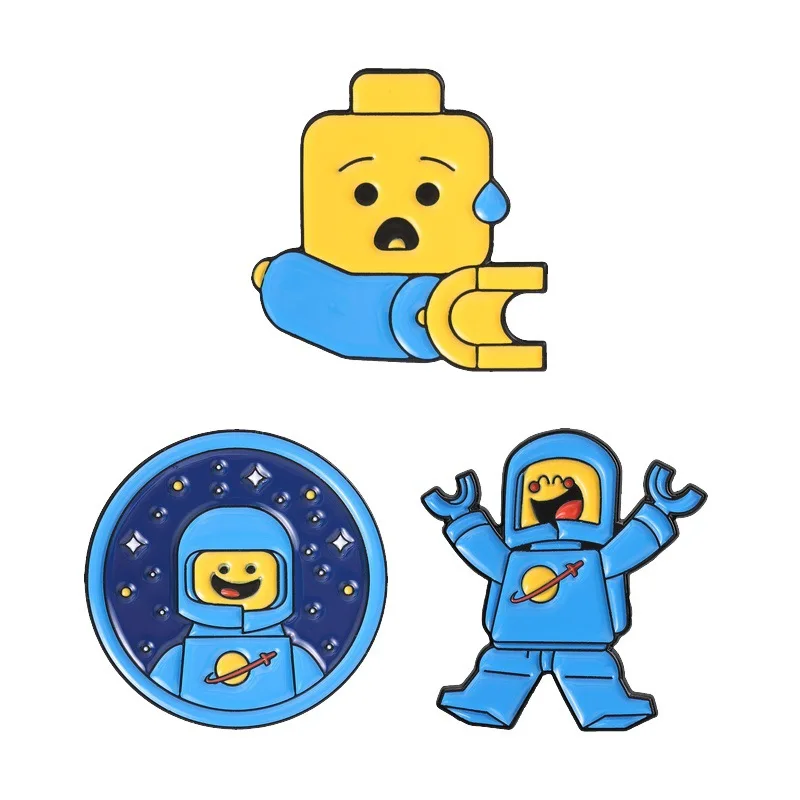 Cute building block space man-shaped badges, cartoon astronaut series alloy pins, accessory for clothing bags, gifts for friends
