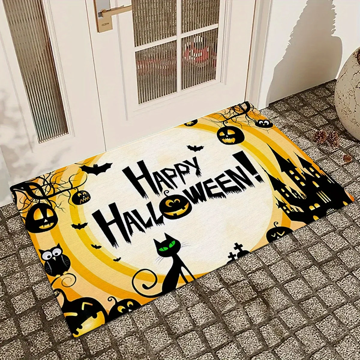 

1pc halloween black cat pattern kitchen carpet, entrance carpet, bedroom, living room, bathroom floor mat decoration