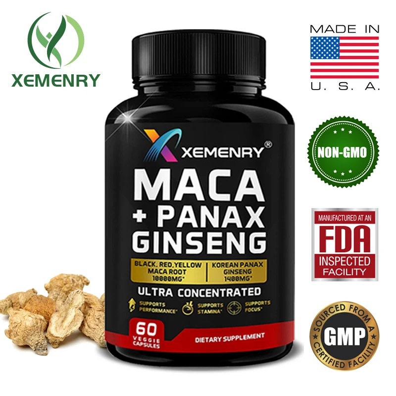 Xemenry Natural Maca Root Capsules - Contains Korean Panax Ginseng - Super Concentrated 20:1, Peruvian Maca Root 120 Capsules