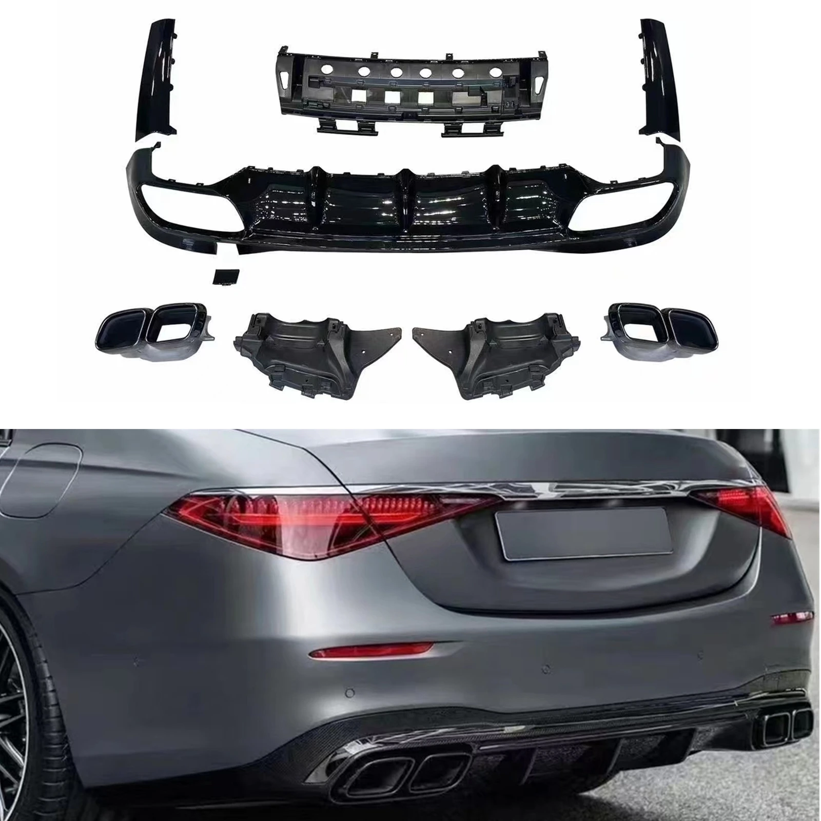 

Rear Bumper Diffuser Lip +Muffler Exhaust Pipe Tip Kit For Mercedes Benz S Class W223 S63 AMG S580 Sedan 4-Door Sport 2022 2023