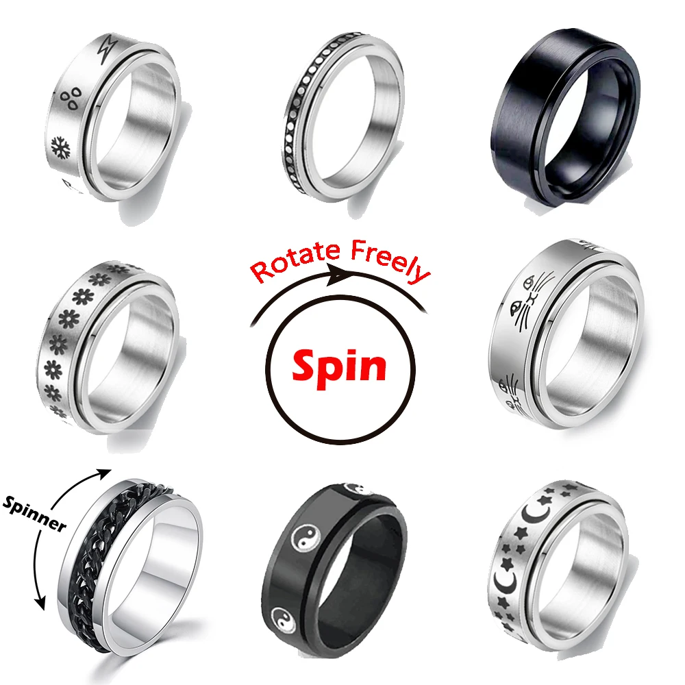 Anxiety Ring Fidget Spinner Rings For Women Men Stainless Steel Rotate Freely Cat Moon and Star Anti Stress Accessories Jewelry