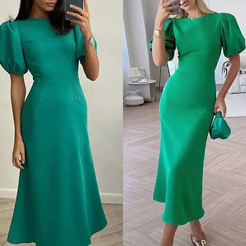 Casual Fashion Court Style Short Puff Sleeve High Waist Mermaid Evening Dress Streetwear Summer Women Elegant Corset Party Dress