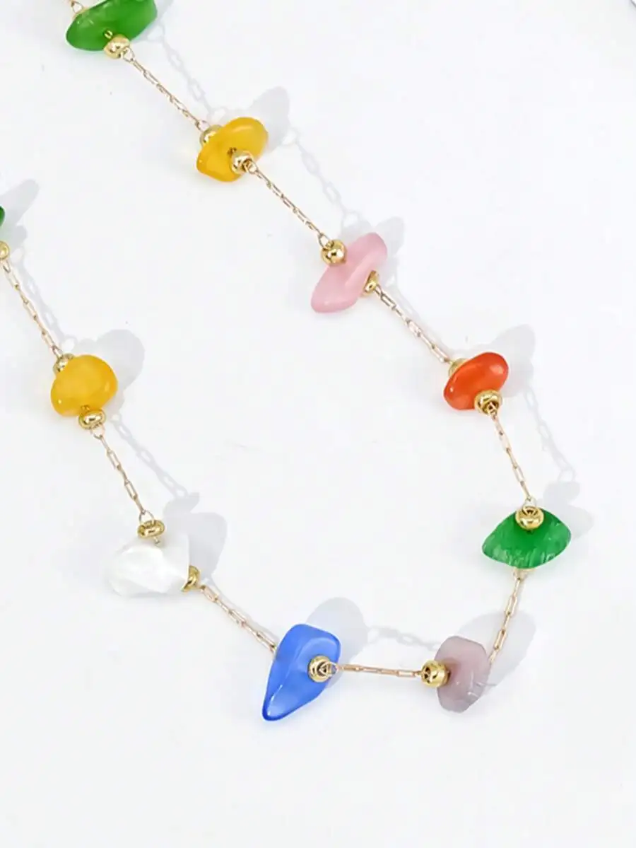 Asymmetrical Handmade Stone Bead Chain Necklace Multi Color