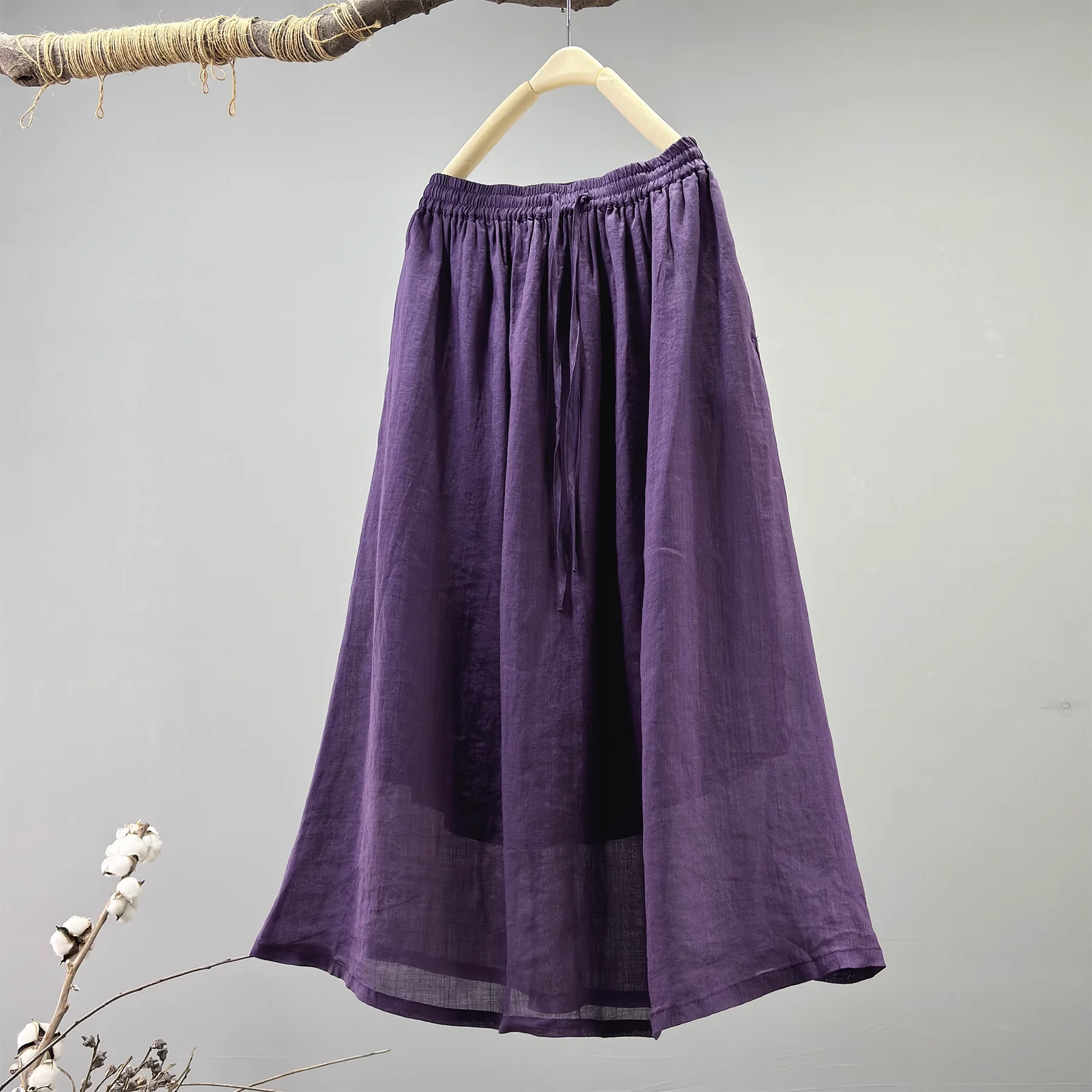 

100% Ramie Purple Solid Elegant A-line Skirt Women Japan Fashion Spring Summer Elastic Waist Long Skirts