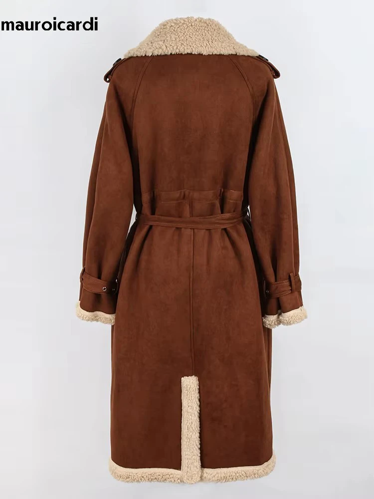 Mauroicardi Spring Winter Long Brown Thickened Warm Soft Fake Shearling Coat Women Belt Loose Faux Sheepskin Overcoat 2025