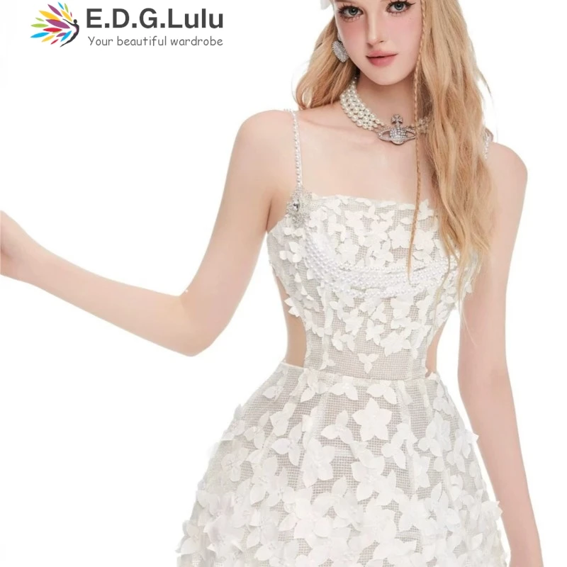 EDGLuLu New Square Neck Pearl Suspender White Dresses For Women Sleeveless 3d Flower Splicing Backless Sexy Dress 0831