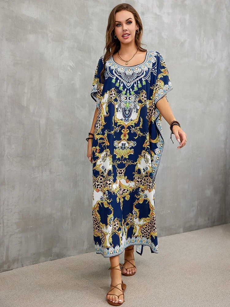 2024 Bohemian Long Dress Beach Cover up Print Robe De Plage Summer Women Maxi Dress costume da bagno Cover Up Pareo Beach Wear tunica