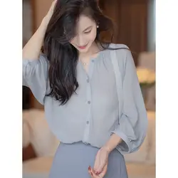 Women Summer Simplicity Loose Office Lady Solid Color V-neck 3/4 Sleeve Chiffon Shirts Ladies Fashion All-match Appear Thin Tops