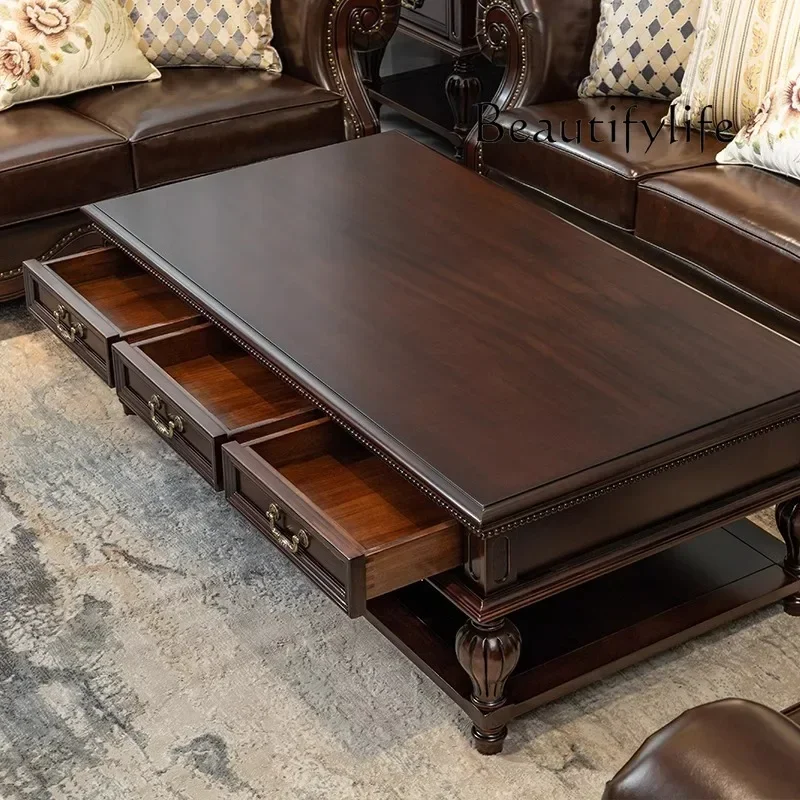 طاولة قهوة من الخشب الصلب الأمريكي من QQ، تخزين مستطيل من خشب الجوز، طاولة شاي متكاملة، فيلا فاخرة