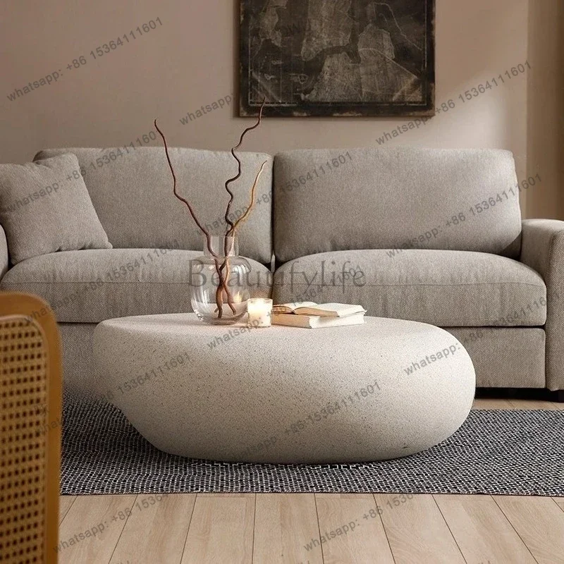 Coffee Table Accent Side Modern Irregular Center Table Oval Coffee Table With Grainy Matte Rocks Pattern Drum Fiberglass