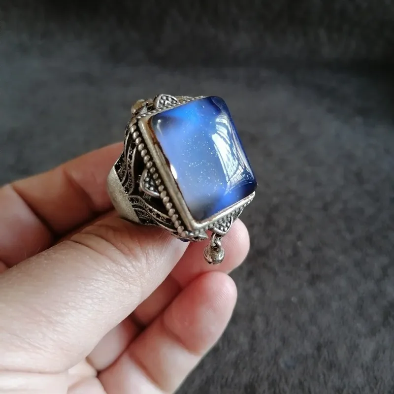 Vintage Antique Silver Color-Changing Gemstones, Adjustable Ring With Old Patina And Bell Men
