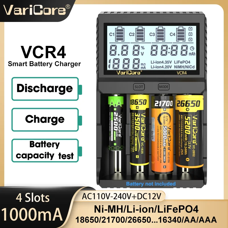 

VariCore VCR4 Smart Battery Charger Test Capacity for 3.7V Li-ion 18650 21700 26650 18350 3.2V LiFePO4 32700 1.2V Ni-MH AA AAA