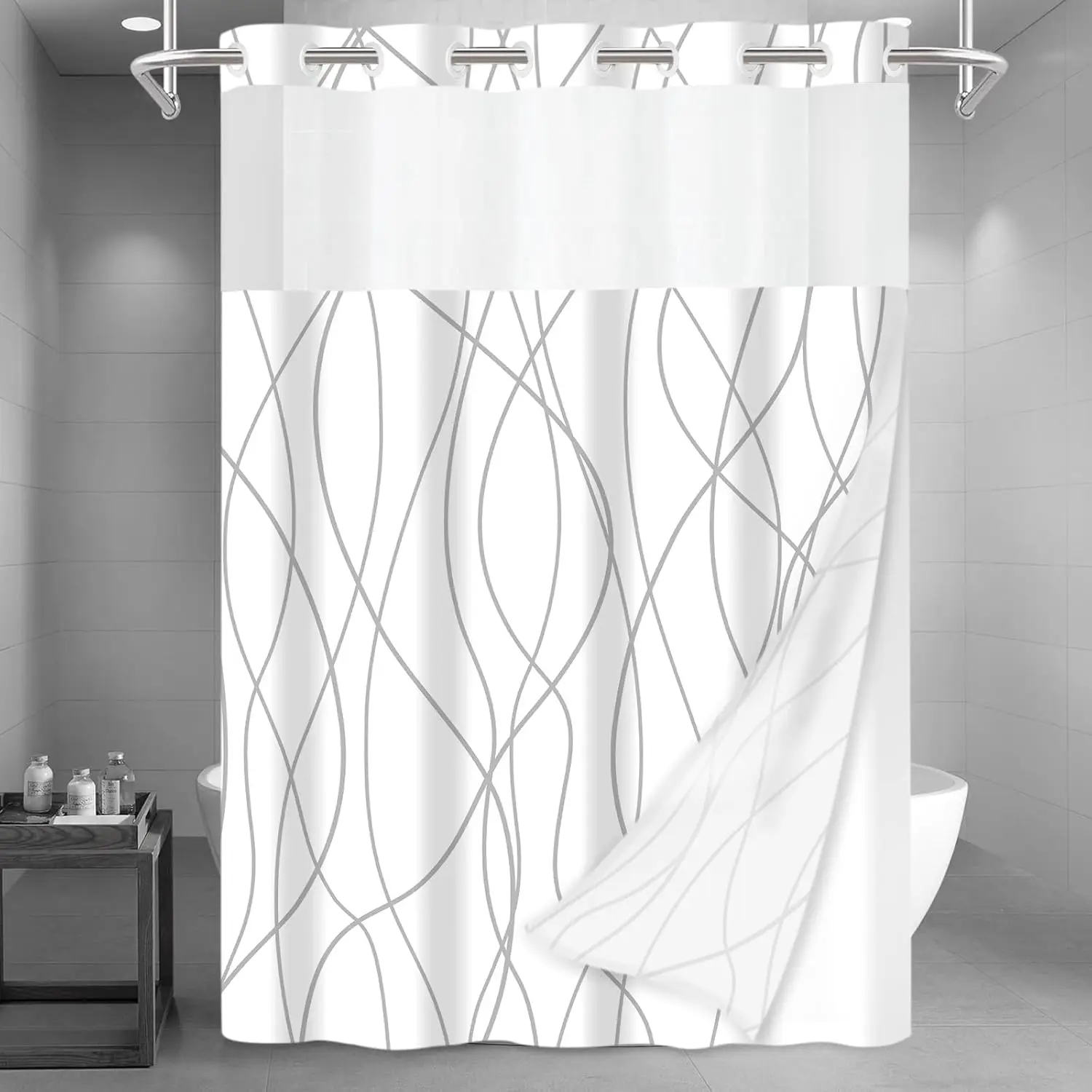 

Long Shower Curtain with Snap-in Liner Set, Mesh Top Window, Machine Washable, 71x86 Inches