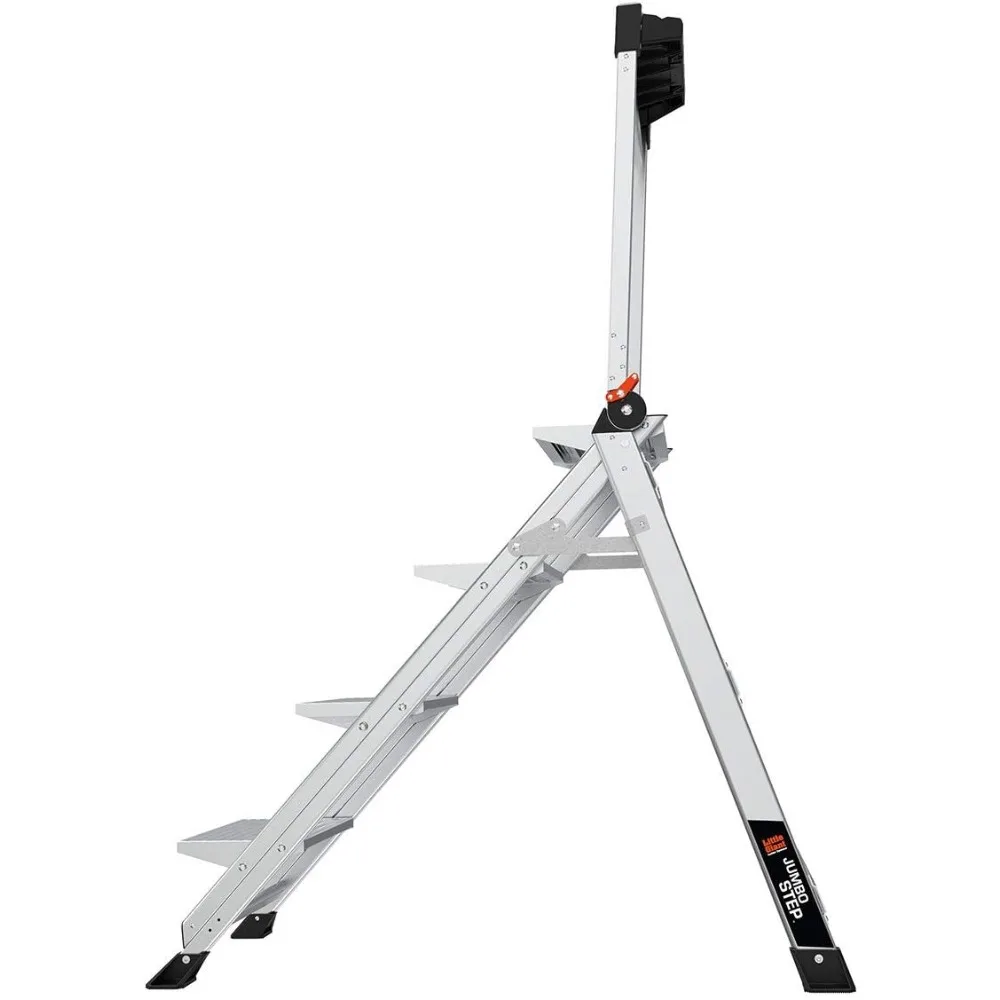 Escada dobrável de aço com dois grandes degraus antiderrapantes, barra de alta segurança e bandeja de armazenamento