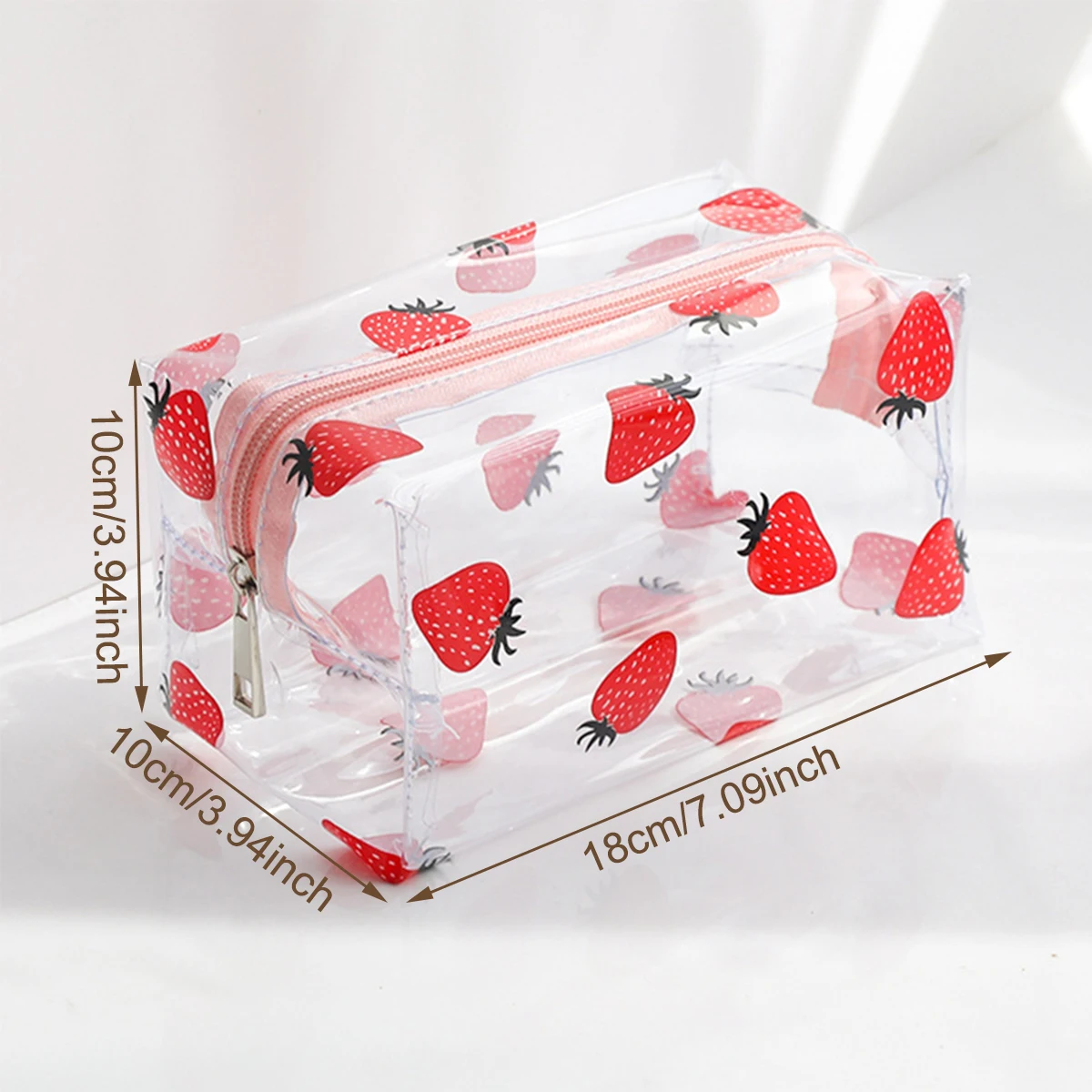 Clear PVC Strawberry Print Pencil Case, Large Capacity Iron Frame Makeup Bag for Students & Travel