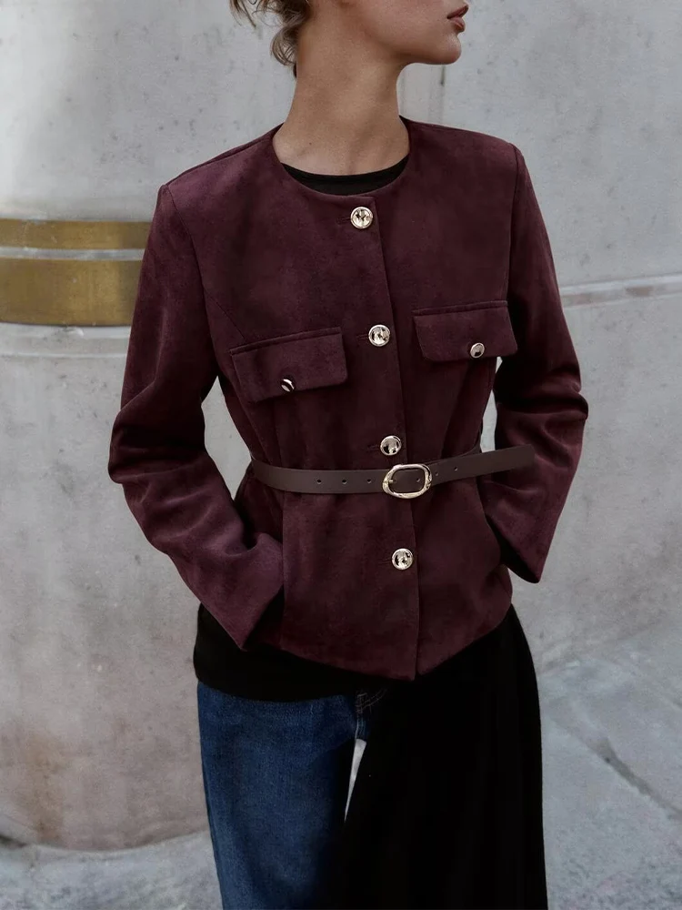 

Европейский и американский стиль, осенне-зимний новый модный женский костюм с круглым вырезом и поясом, флисовая текстура, короткий пиджак c