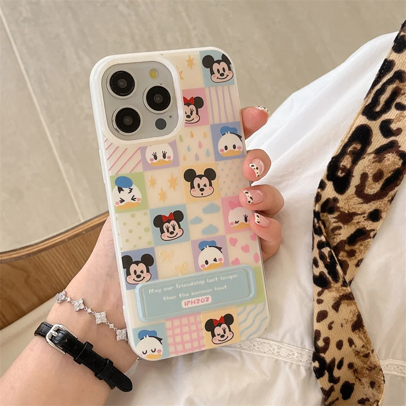 Disney Lattice Heart Love Mickey Mouse Holder Phone Case For iPhone 11 12 13 14 15 Pro Max Cartoon Cloud Donald Duck Daisy Cover