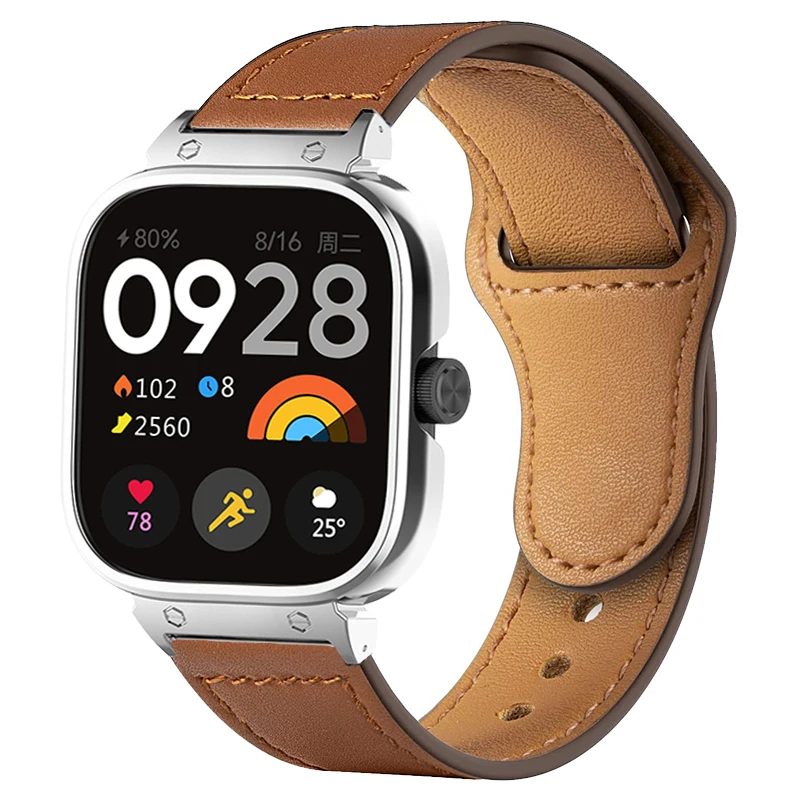 واقي حافظة معدني بحزام جلدي لساعة Redmi 4 ، سوار ، سوار ساعة ، حزام ، غطاء واقي