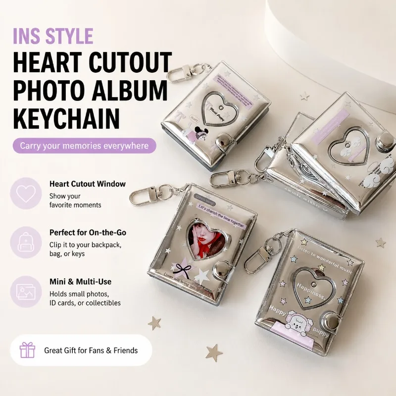 Ins Style Heart Cutout Photo Album Keychain, Mini Backpack Pendant ID Card Holder for Fans, Small Card Album