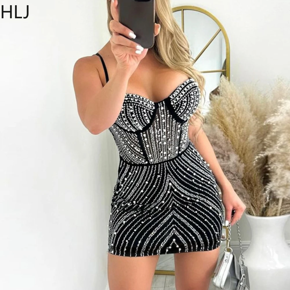 

HLJ Fashion Rhinestone Bodycon Party Club Spaghetti Strap Mini Dresses Women Sleeveless Backless Slim Vestidos Female Clothing