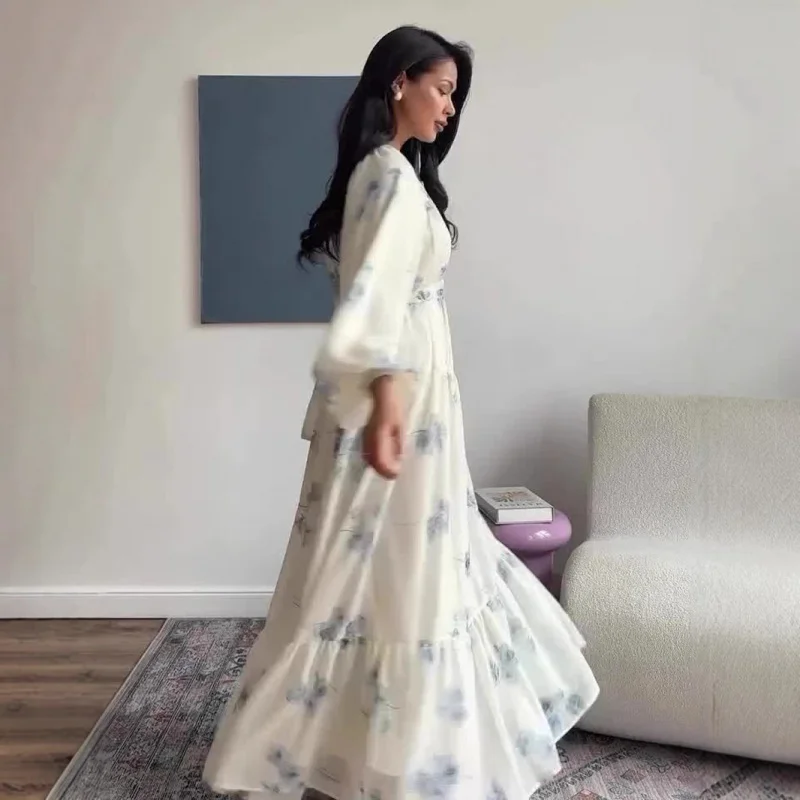 2025New Year's Printed Fairy Intellectual Style Long Sleeve Long Dress Elegant Temperament Dress