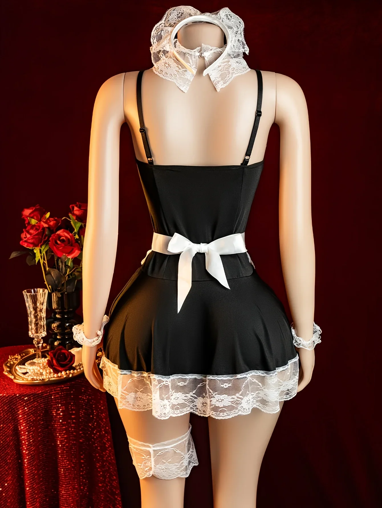 Sleeveless Mini Dress Set for Women, Sexy Lingerie Uniform, Role-Playing Maid Outfit, Including: Headband + Maid Dress + Ap