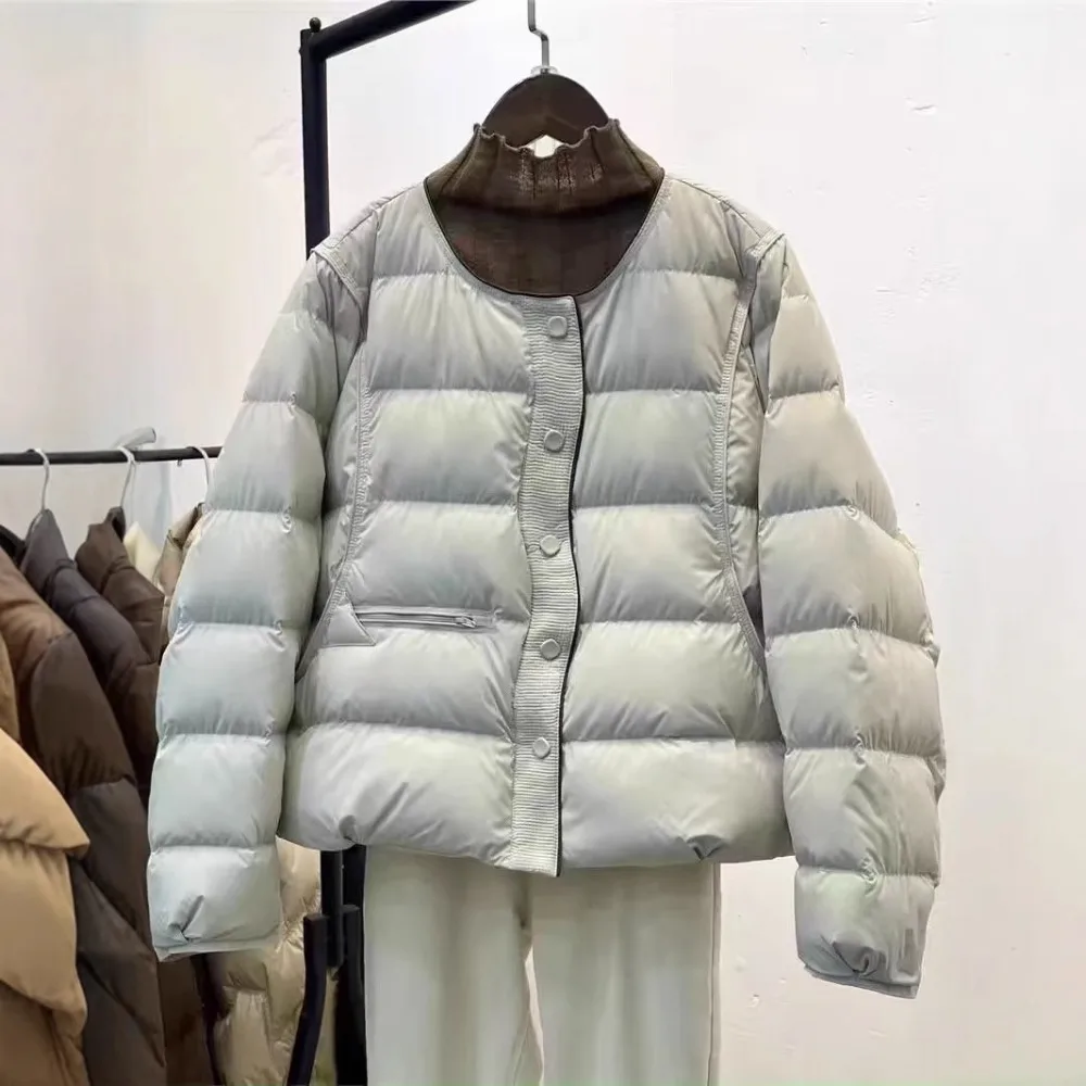 Light Down Jacket Warm Women Minimalist Quilted Winter Fashion Round Neck Solid Color Versatile Female Outerwears Loose Jackets