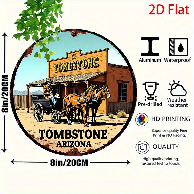 2D Flat, 1pc Vintage Western Tombstone Arizona Sign - Retro Old West Decoration Plaque with Cowboys & Horse-Drawn Carriage - Dur