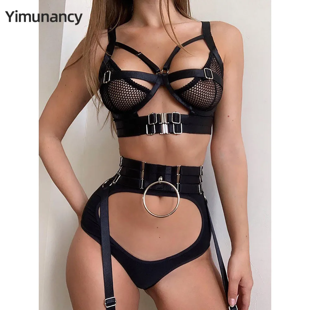 Yimunancy 3-Piece Transparent Gothic Exotic Set Women Cut Out Ring Bandage Sexy Lingerie Set Black Garter Brief Kit