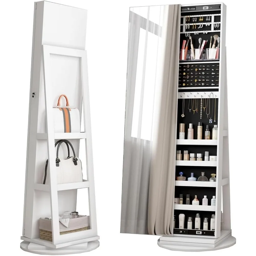 

Jewelry Cabinet, 63" Large Capacity Jewelry Organizer Armoire, Lockable Mirror with Storage Shelves, 360° Swivel Floor Standing