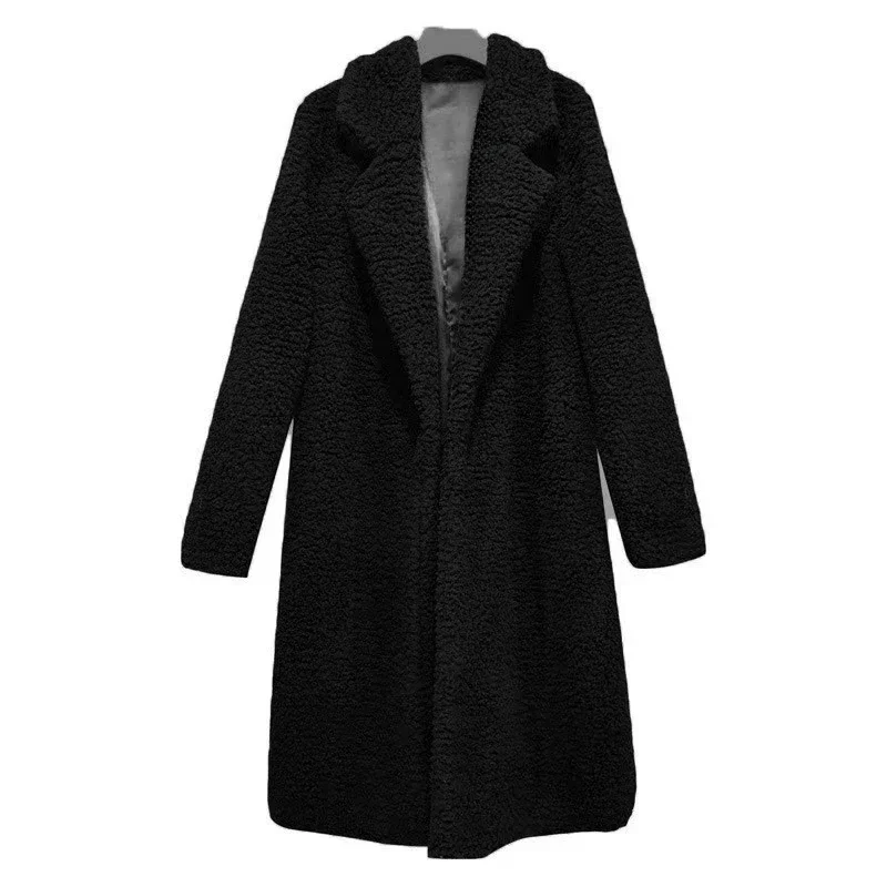 Elegant Lapel Plush Jacket for Women Chic Versatile Warm Solid Color Coat Durable Jackets with Slant Pockets for Fall/Winter