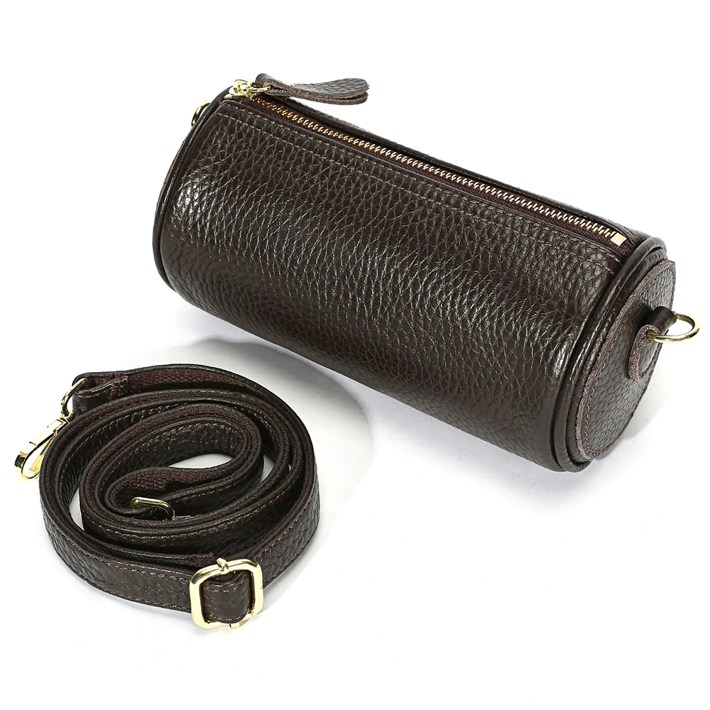 Vintage Women Genuine Leather Cylinder Crossbody Bag Removable Adjustable Strap Zipper Daily Casual Shoulder Phone Purse