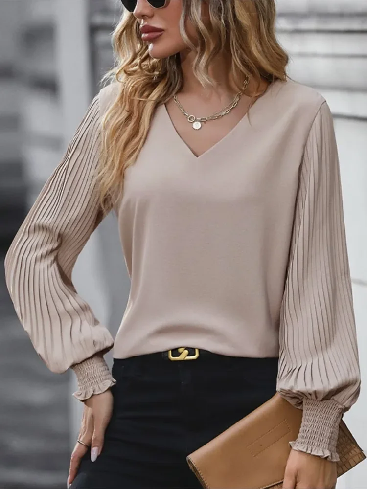 

Women Blouses V-neck Tops Pleated Long Sleeve Chiffon Office Lady Elegant Casual Loose Plain Autumn Minimalist Women's Top