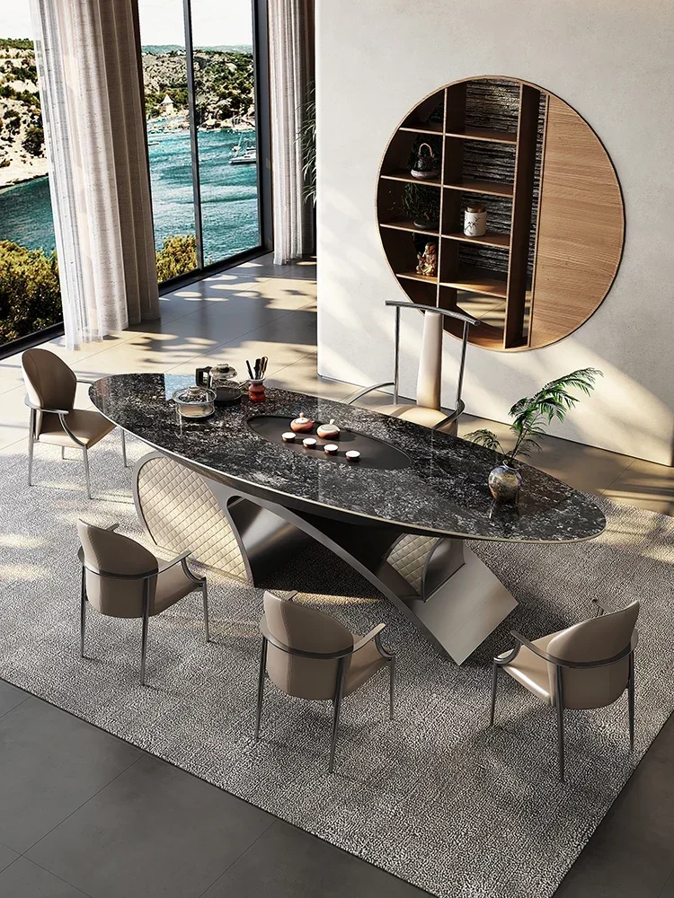 

Luxury Stone Stone Plate Villa Modern Oval Large Plate Stone Plate Table-Chair Set