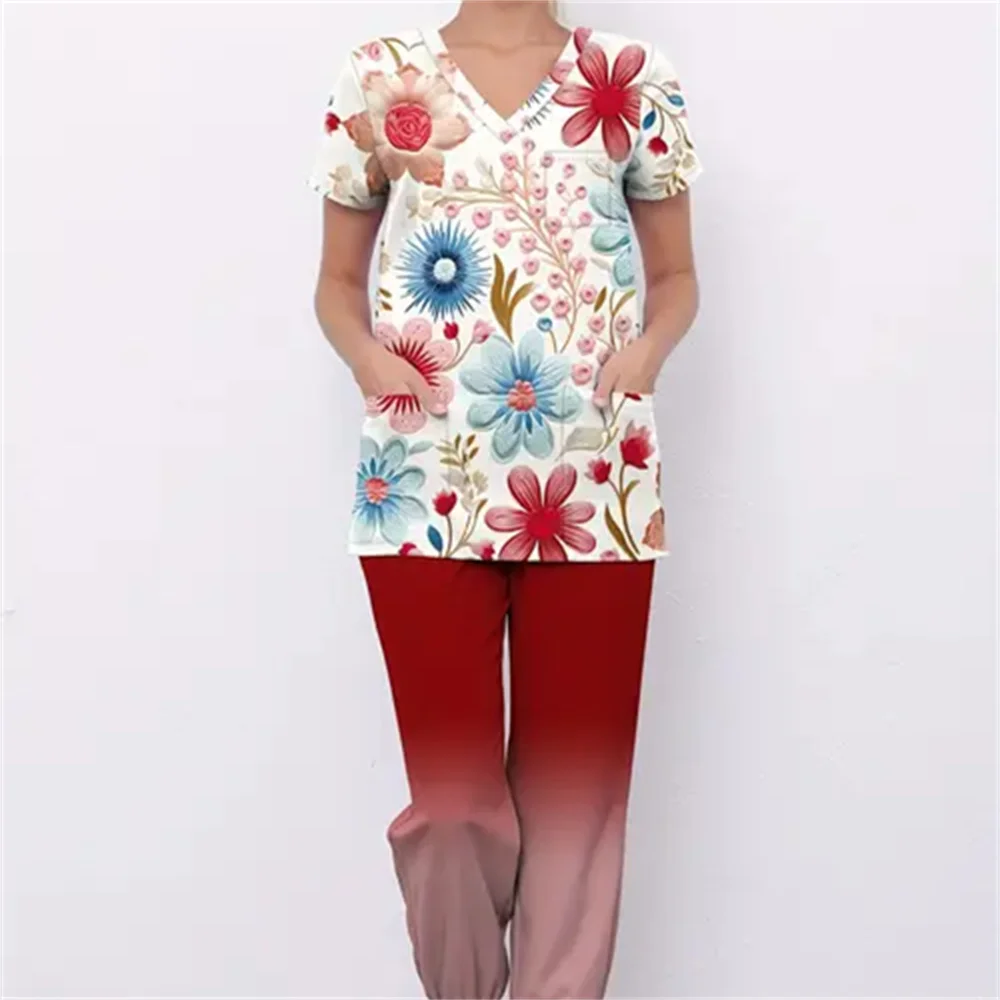 Conjunto esfoliante feminino com estampa de margaridas – uniforme de enfermeira floral 3D elegante, tecido de poliéster confortável, decote em V, manga regular, curto