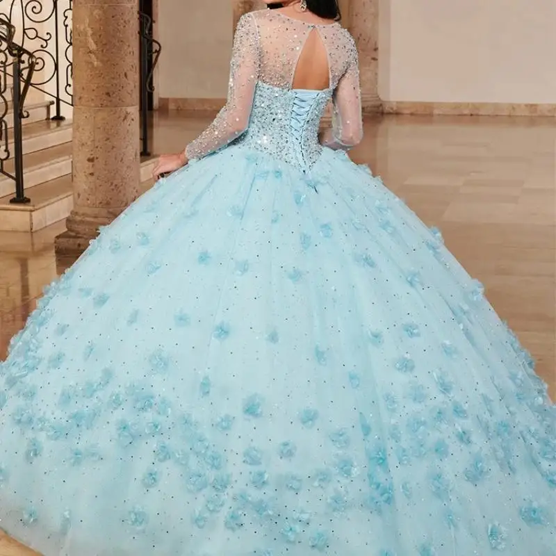 Mint Quinceañeras Met Lange Mouwen Kleedt Kristallen Kralen Sweet 16 Bloem 2024 فساتين Vestidos De 15 Doorschijnende Nek Años