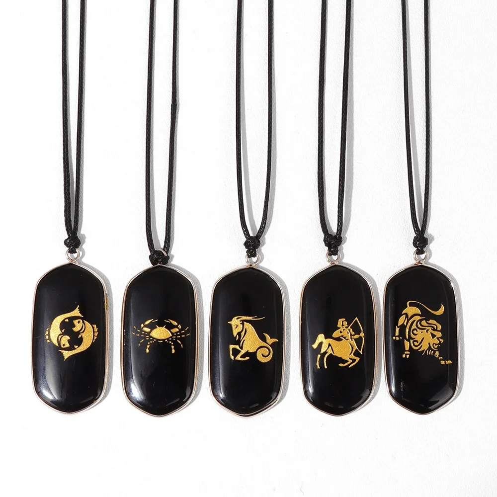 12 Constellation Zodiac Sign Necklaces for Women Men Black Obsidian Taurus Aries Gemini Black Rope Choker Necklace with Card